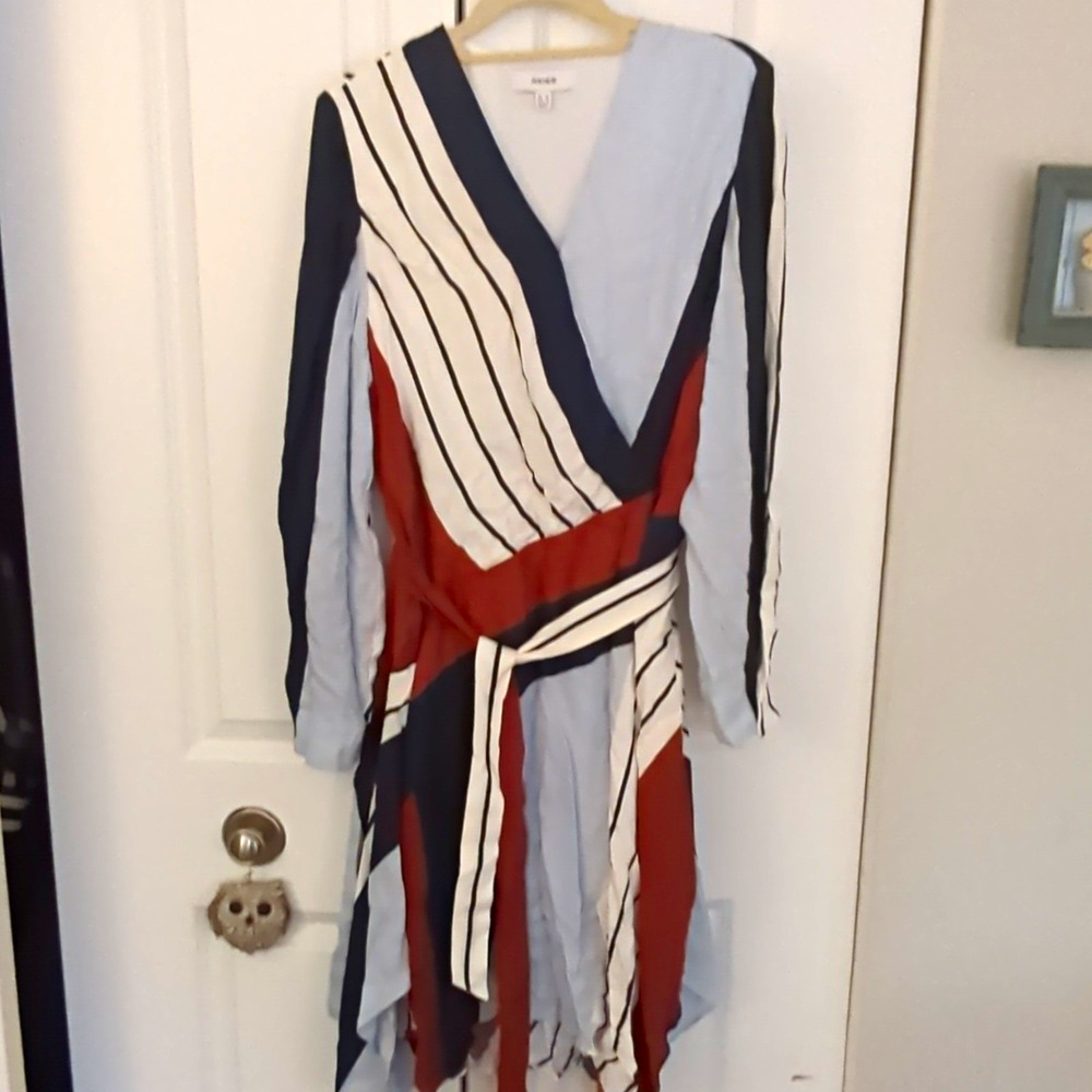 Reiss Wrap Dress Size S Blue White Rust Striped Tie Waist Long Sleeve V-Neck